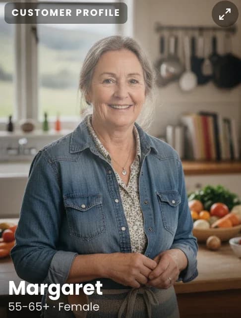 Example ideal customer profile: Margaret, female, 55-65+